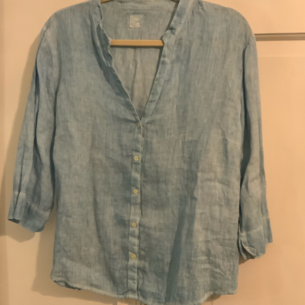 Relaxed Light Blue Linen Button-Down Blouse - Picture 2 of 8